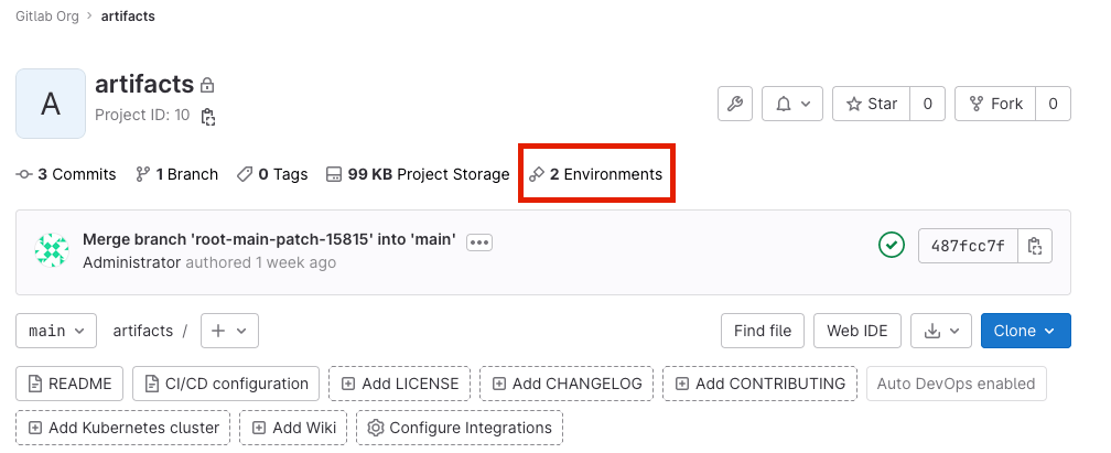 A project overview page displaying the number of available environments as an incremental counter.