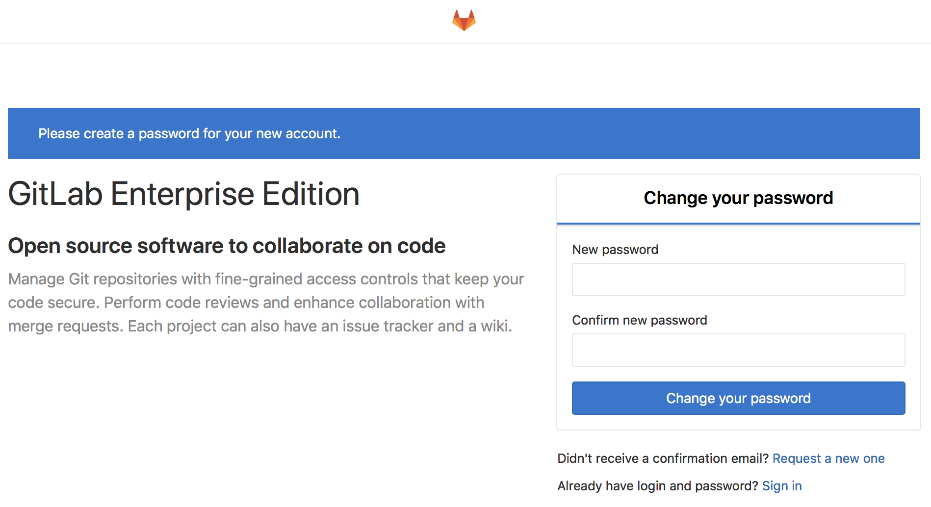 GitLab first sign in after installation.