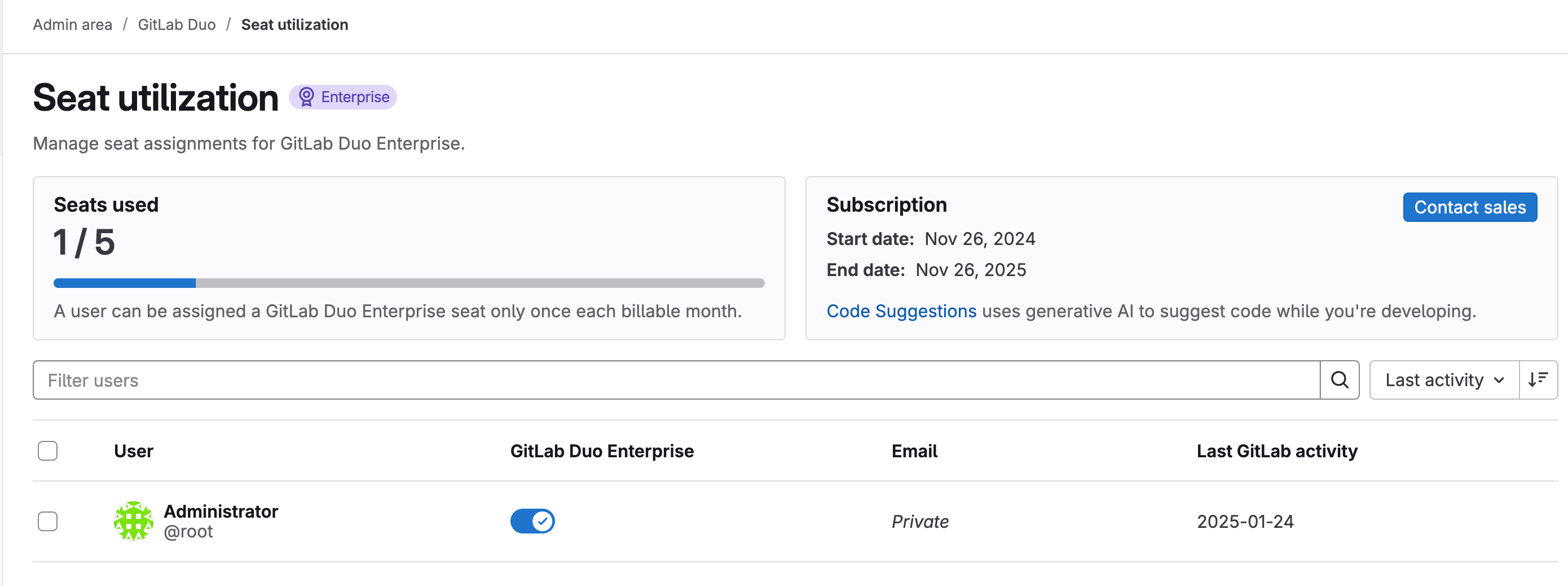 The user list showing GitLab Duo Enterprise enabled for the root user.