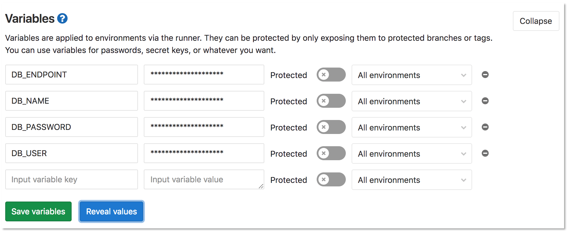 Database variables added in a project's CI/CD variables page with masked values.