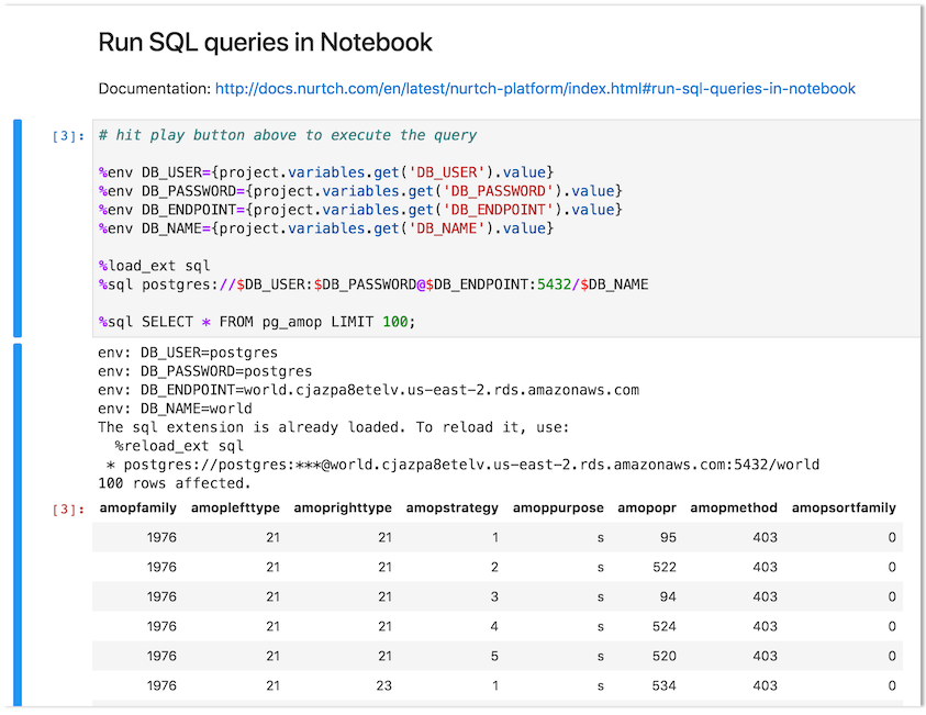 Jupyter Notebook running a PostgreSQL query with database variables and showing the results.